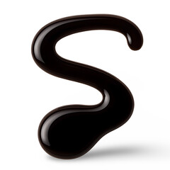 Glossy Dark Chocolate Syrup Swirl in Letter S Shape Isolated on White Background