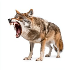 Obraz premium A gray and brown wolf with its mouth open, showing sharp teeth, against a white background. The wolf is standing in profile view