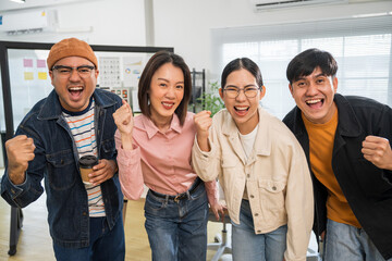 Asian business start up freelance people team analyzing statistics financial. Group Team of businesspeople man and woman Meeting Conference Discussion various topic Corporate Concept in office.