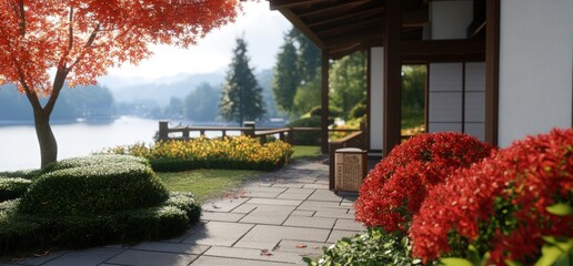 Fototapeta premium Tranquil garden house landscape with red flowers and lake view