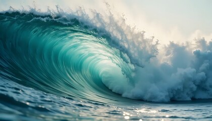 Powerful ocean wave crashing at sea on a sunny day