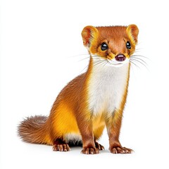 Fototapeta premium A small, reddish brown weasel with white fur on its chest sits on a white background. It has dark eyes and a small, pointed nose