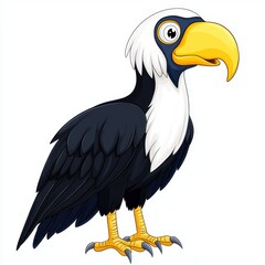 Obraz premium Cartoon illustration of a bird with black and white plumage, yellow beak, and large eyes against a white background