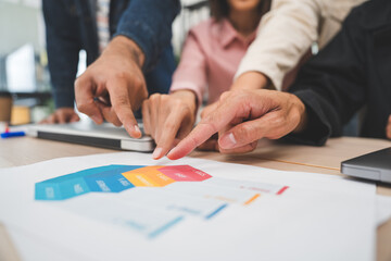 Asian business start up freelance people team analyzing statistics financial. Group Team of businesspeople man and woman Meeting Conference Discussion various topic Corporate Concept in office.