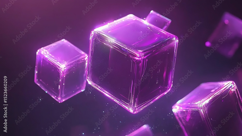 Poster dynamic floating purple cubes abstract digital environment 3d animation futuristic concept
