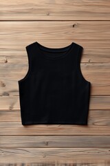 A black sleeveless crop top mockup on a wooden surface, showcasing its simple and modern design.
