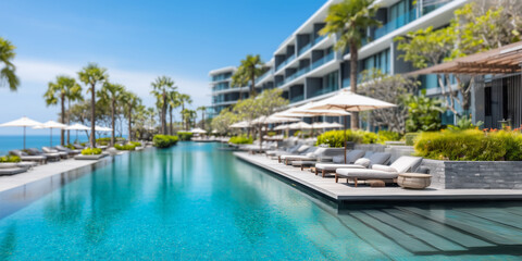 Turquoise swimming pool surrounded by palm trees and lounge chairs at a luxury resort hotel
