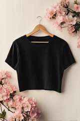 A black cropped t-shirt mockup hanging on a wooden hanger, surrounded by delicate pink cherry blossom flowers against a textured white background.