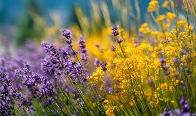 Boho-style floral composition with yellow and lavender blooms against blurred greenery for wellness branding and spring social media campaigns.
