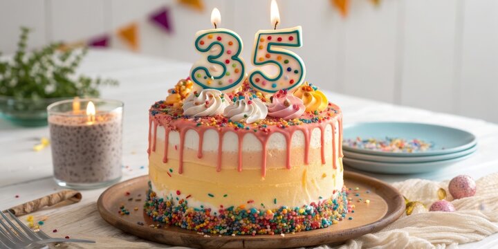 35th Birthday Cake Colorful Drip, Number Candles, Sprinkles, Celebration, birthday cake, 35th birthday