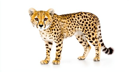 A cheetah stands alert against a stark white background. Its spotted coat is detailed, and its expression is intense. The lighting is even and