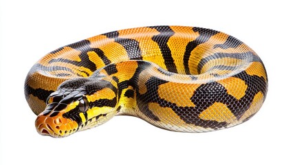 Fototapeta premium Isolated close up studio shot of a coiled snake, showcasing its unique orange and black pattern on a clean white backdrop. The snake's scales glisten