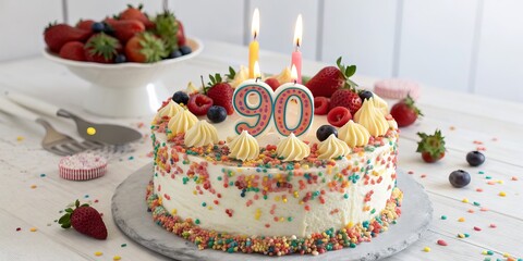 90th Birthday Cake Sprinkles, Berries and Candles, Birthday Cake, 90th Birthday