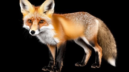 Fototapeta premium Red fox with white speckled fur standing against a black background. The fox is alert and looking directly at the viewer
