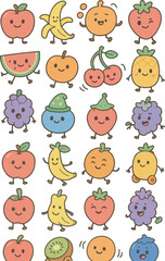 Cute vector cartoon fruits  and funny monster character faces set illustration