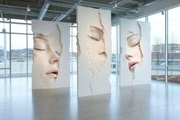 Monochromatic face sculptures in modern interior setting
