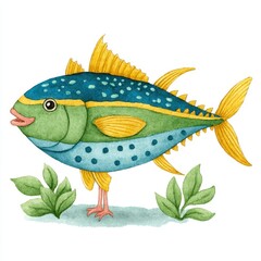 Whimsical illustration of a teal, green, and yellow fish with bird legs standing on a light blue ground with green leaves. Watercolor style