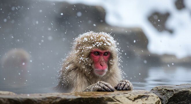 A Japanese Macaque, or snow monkey, finds warmth and tranquility while soaking in a natural geothermal hot spring, known as an "onsen," during a winter snowstorm. 