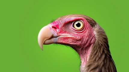 Close up profile of a red headed vulture against a bright green background. The bird's head and neck are in sharp focus, showing intricate details of
