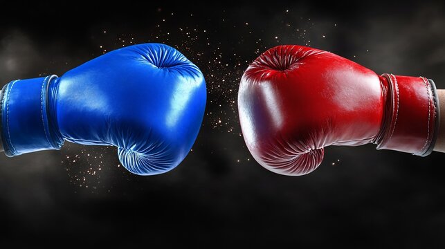 Red and blue boxing gloves meet, representing competition