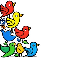 Fototapeta premium Colorful cartoon birds perched on branches, forming a playful corner composition against a white background. Features red, yellow, blue, and green