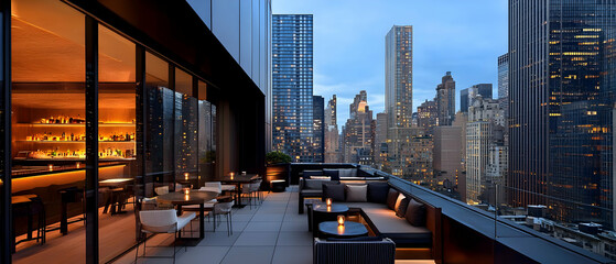 Rooftop Bar With City View At Dusk In New York