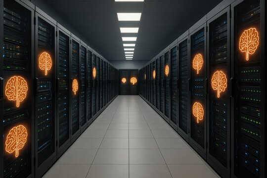 Exploring neuromorphic computing in advanced data center architecture with illuminated brain symbols