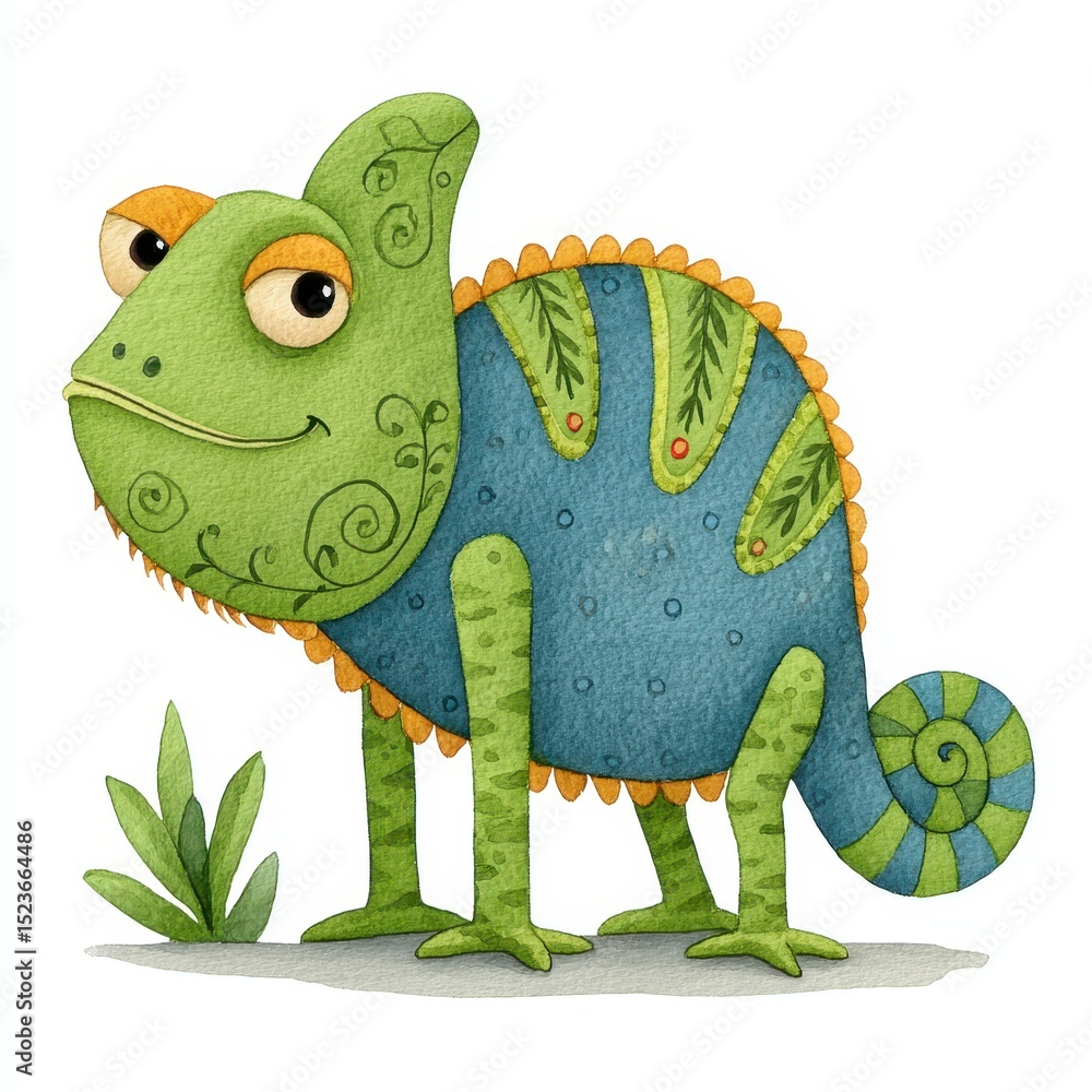 Poster friendly green and teal chameleon illustration with decorative patterns, standing on a small patch o