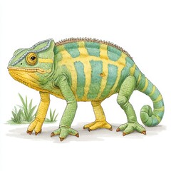 Obraz premium Close up illustration of a green and yellow chameleon on a white background with small tufts of grass