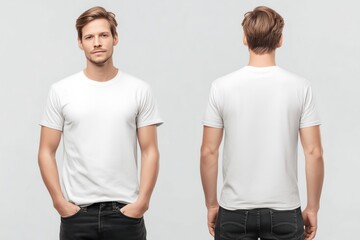 A young man wearing a plain white t-shirt mockup, standing in a neutral pose with hands in pockets, showcasing both front and back views against a light gray background.