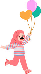Excited Muslim Girl Running with Balloons