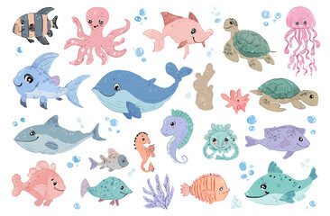 Obraz premium Adorable Cartoon Sea Creatures Underwater World Illustration Collection