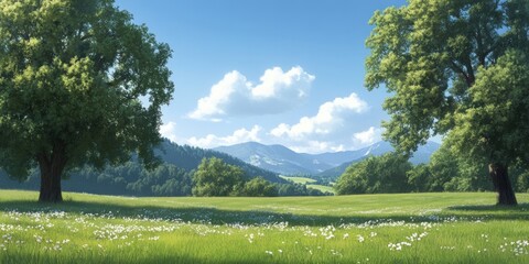 Fototapeta premium Picturesque meadow landscape with trees and mountains