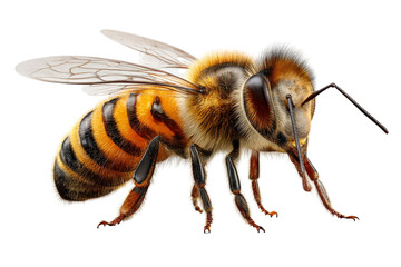 3D realistic bee close-up, isolated insect with golden stripes and fine hairs, isolated on a Transparent background, PNG file.