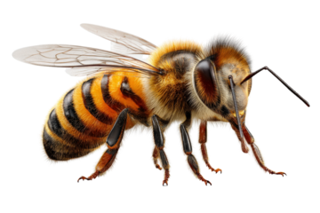 3D realistic bee close-up, isolated insect with golden stripes and fine hairs, isolated on a Transparent background, PNG file.