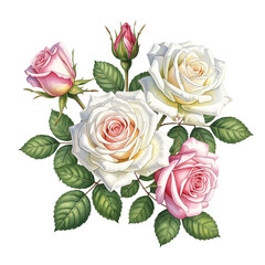 
Water colro White, pink, red , roses with leaves isolated background