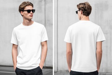 A young man wearing a plain white t-shirt mockup and sunglasses, standing against a minimalist concrete background. He has a casual pose with hands in pockets, showcasing a modern fashion style.