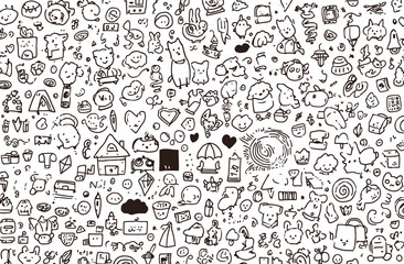 Seamless Vector Doodle Pattern Cute Animals, Objects, and Icons