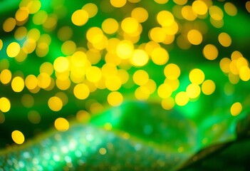 Shimmering gold bokeh lights softly diffused on a rich emerald and silver backdrop,  deep,  illumination