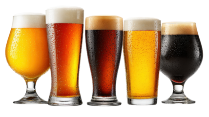A collection of beer glasses with different shades, from pale ale to dark stout, condensation on surface, isolated on a Transparent background, PNG file.