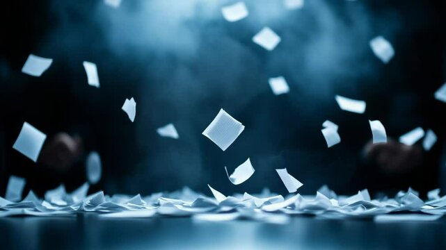 Dynamic scene of falling paper sheets and confetti in dark environment showcasing chaos, movement, and randomness in motion and energy