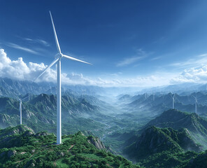 Wind Turbines on Mountain Range under Blue Sky