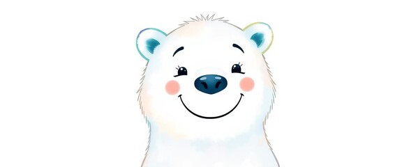 Naklejka premium Smiling polar bear, watercolor style, white background, cute, fluffy, watercolor illustration, adorable