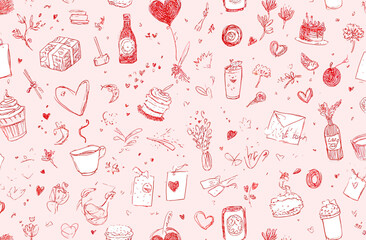 Romantic Valentine's Day Seamless Pattern Hand-Drawn Vector Design