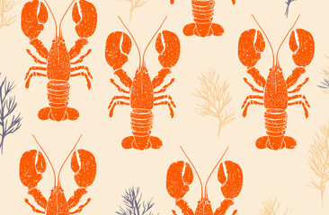Seamless Lobster Pattern Vector Illustration of Crayfish Design