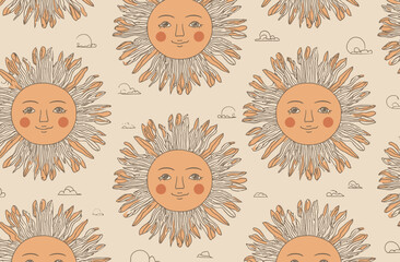 Seamless Vector Pattern with Cute Sun Faces and Clouds Pastel Retro Sun Illustration