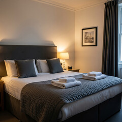 Luxurious hotel bedroom in Bishop Auckland, UK plush double bed with gray linens, white towels neatly folded, moody interior lighting. Eye-level shot highlighting comfort and hospitality