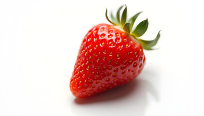 Bright ripe strawberry with green calyx on white background, fresh juicy red berry close-up, clean minimal fruit photo perfect for food design