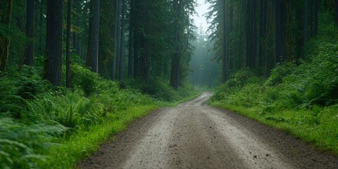 Obraz premium Tranquil dirt road winding through a green forest landscape
