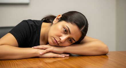 Obraz premium Sad Woman Resting Head on Arms, Feeling Depressed and Tired
